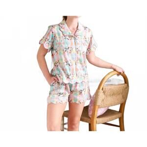 NEW LAURA PARK brooks avenue scalloped short pajama set in pink multi